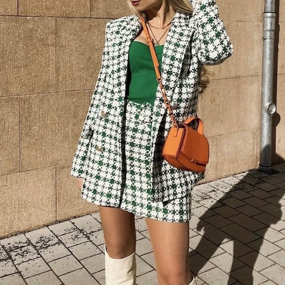 Zara Jackets & Coats Zara Tweed Blazer And Skirt In Green Houndstooth Set Poshmark